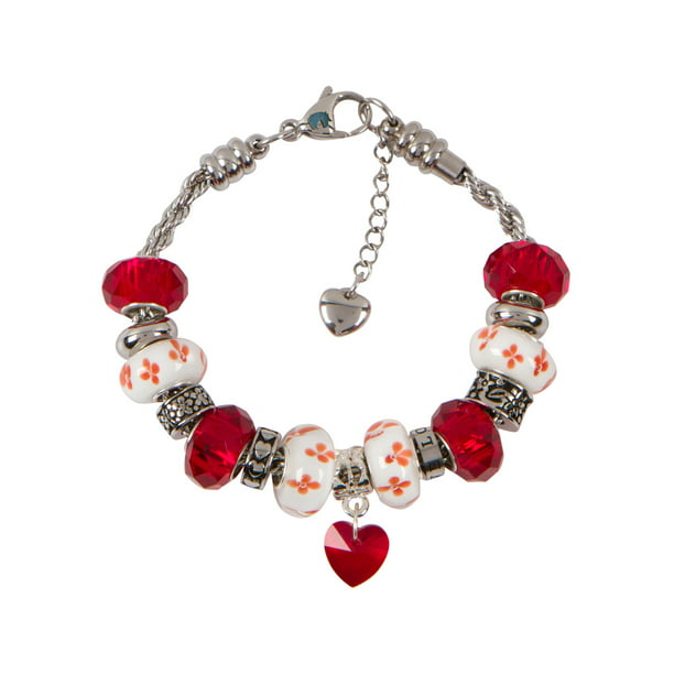 July Birthstone Heart Red Rhinestone Dangle Charm for European Bead Bracelets 